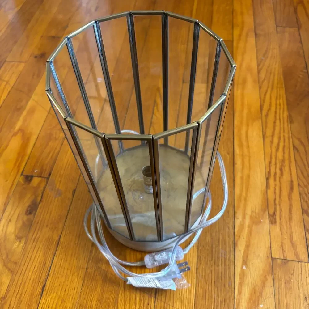 Vintage Brass & Glass Cylinder Paneled Table Lamp 12